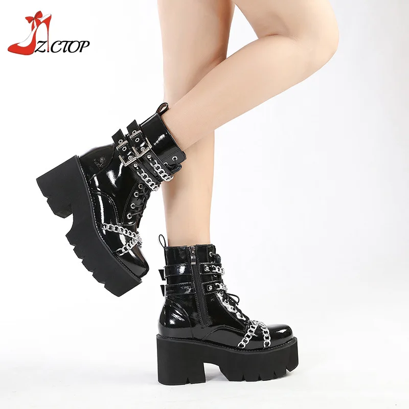 Black Platform Boots for Women Chunky High Heels Ankle Boots Lace Up Metal Chain Gothic Punk Shoes Plus Size 42 43