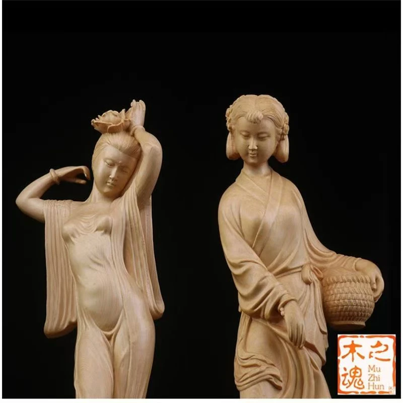 Solid wood crafts, carved four beauties ornaments, home and office feng shui decorations, auspicious decorations, gifts