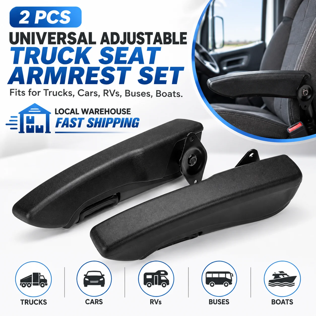 Kit universale regolabile per braccioli di sedili di camion, composto da due pezzi, bracciolo regolabile, supporto per bracciolo da fissare al sedile, per camion, automobili, camper, autobus, barche.