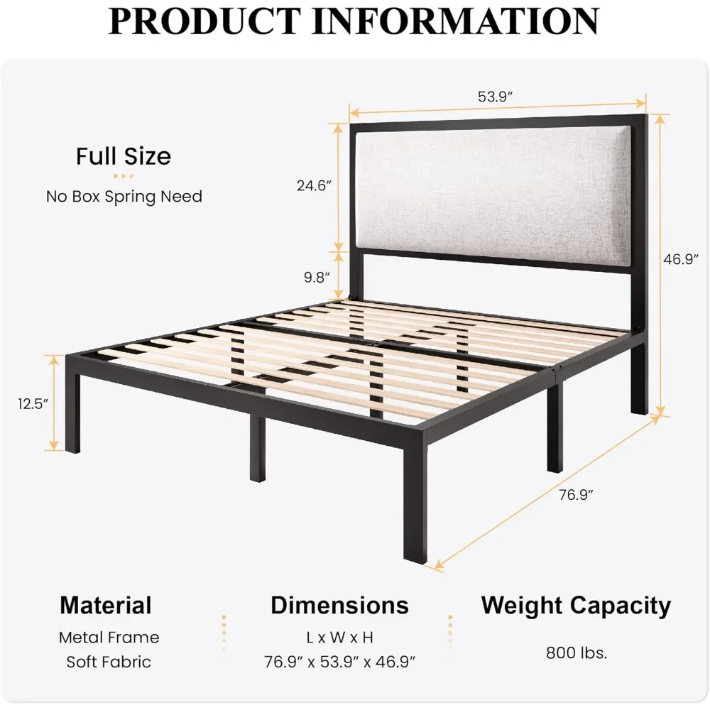 إطار سرير كبير مع لوح أمامي ناعم عالي ، هيكل معدني ، دعم لوح خشبي ، سهل التجميع ، صندوق زنبركي