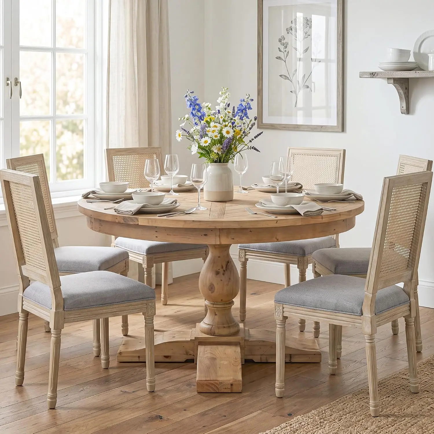 7 Piece 59" Round Dining Room Table Set for 6, Solid Reclaimed Wood Pedestal Kitchen Table with 6 Upholstered Square Rattan Back