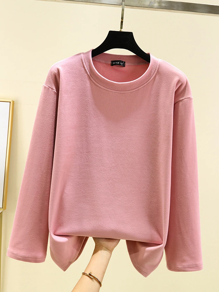 Thiened Fce طويل Sve تي شيرت المرأة الشتاء عادية الجولة Ne البلوز لون نقي فضفاض صالح حجم كبير ملابس داخلية #2