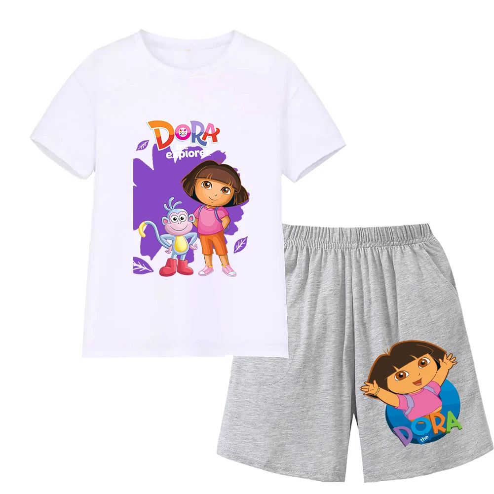 Dora's The Explorer Animated Cartoon Print Design Classic O-neck Short Sleeve and Fitted Shorts Children Summer Two-piece Set