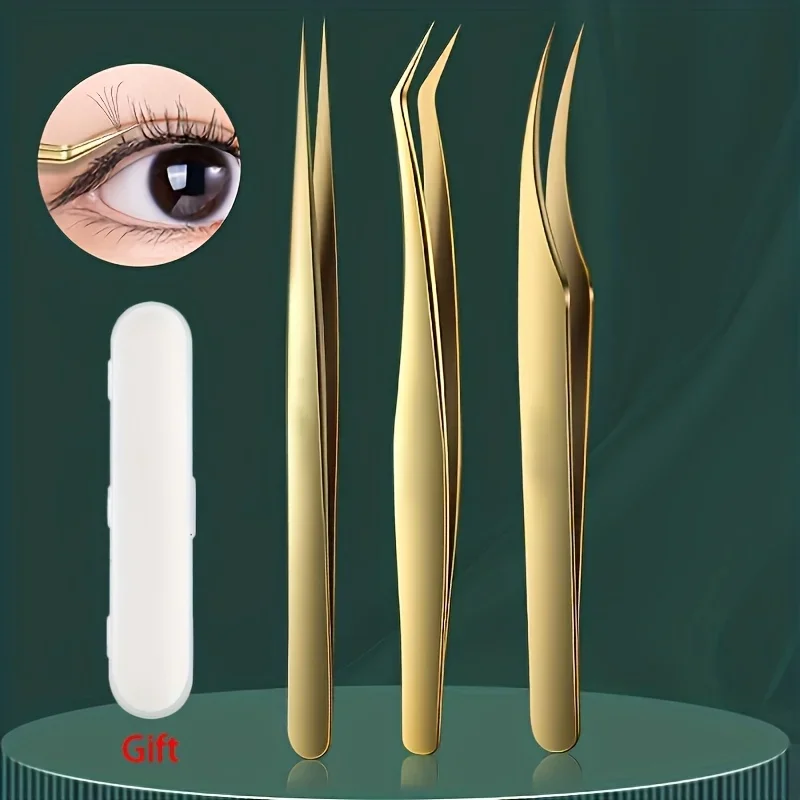 Pinzas para extensión de pestañas de acero inoxidable, pinzas para pestañas rectas y curvadas de precisión con mango ergonómico, herramientas de maquillaje