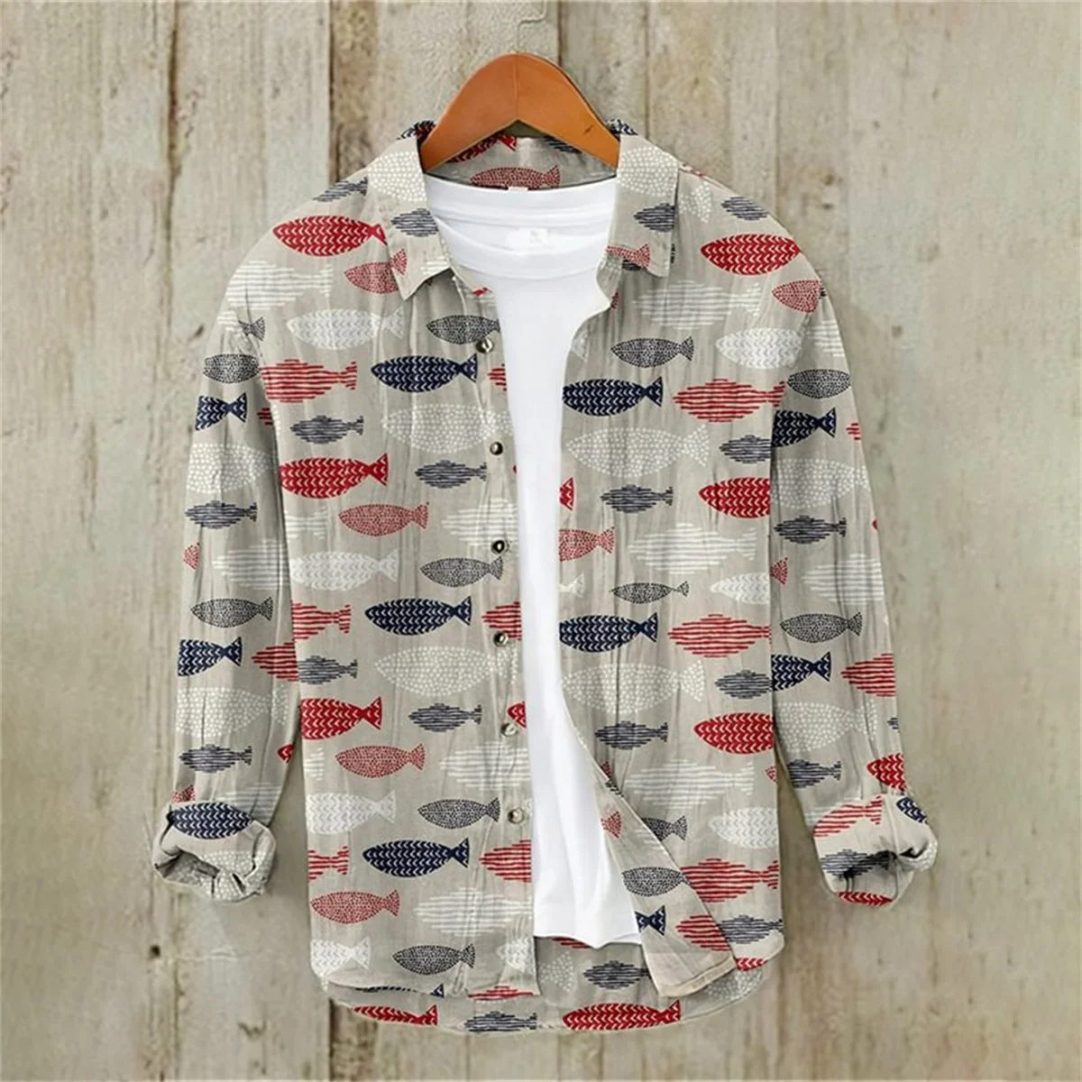 

Retro Shirt with Fish Pattern for Men, Lapel Cardigan, Long Sleeved Shirt, Fashionable Print, Plus Size, Spring and Summer