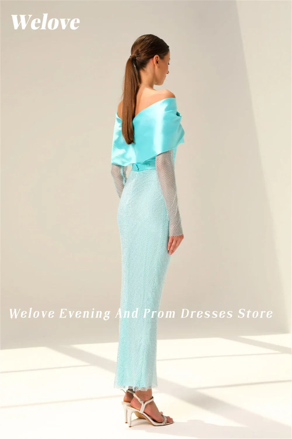 Welove Wrapped Off Shoulder Womens Dresses Long Net Stonse Sleeve 2023 فساتين السهرة  Mermaid Pencil Cut Dresses for Prom