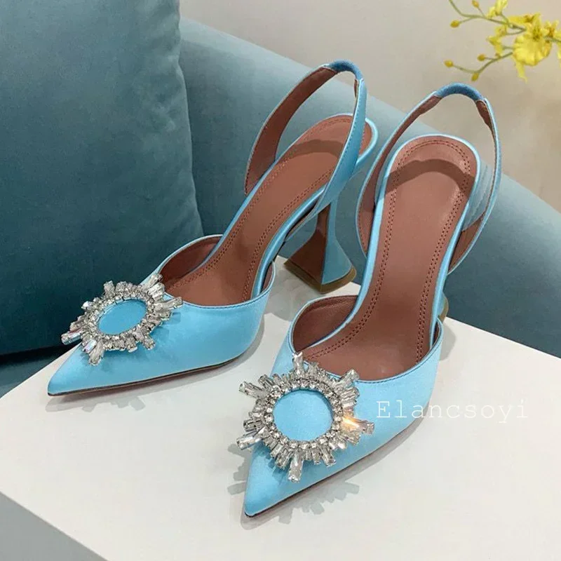 Cup High Heels Spring Summer Pointed Toe Pumps Women Satin Sunflower Crystal Decor Back Strap Sandalias Sexy Party Dress Shoes