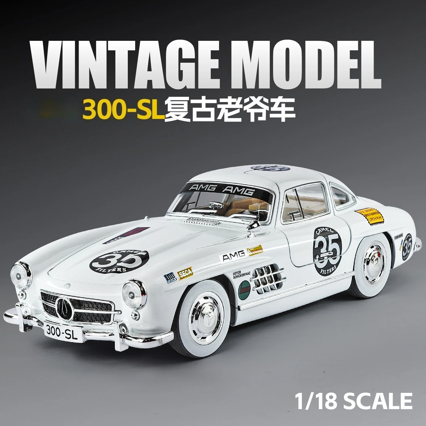 

1:18 300SL Alloy Model Toys Diecast Car with Sound Light Pull Back Doors Opened Miniature Models Classic Toy Gifts for Boys
