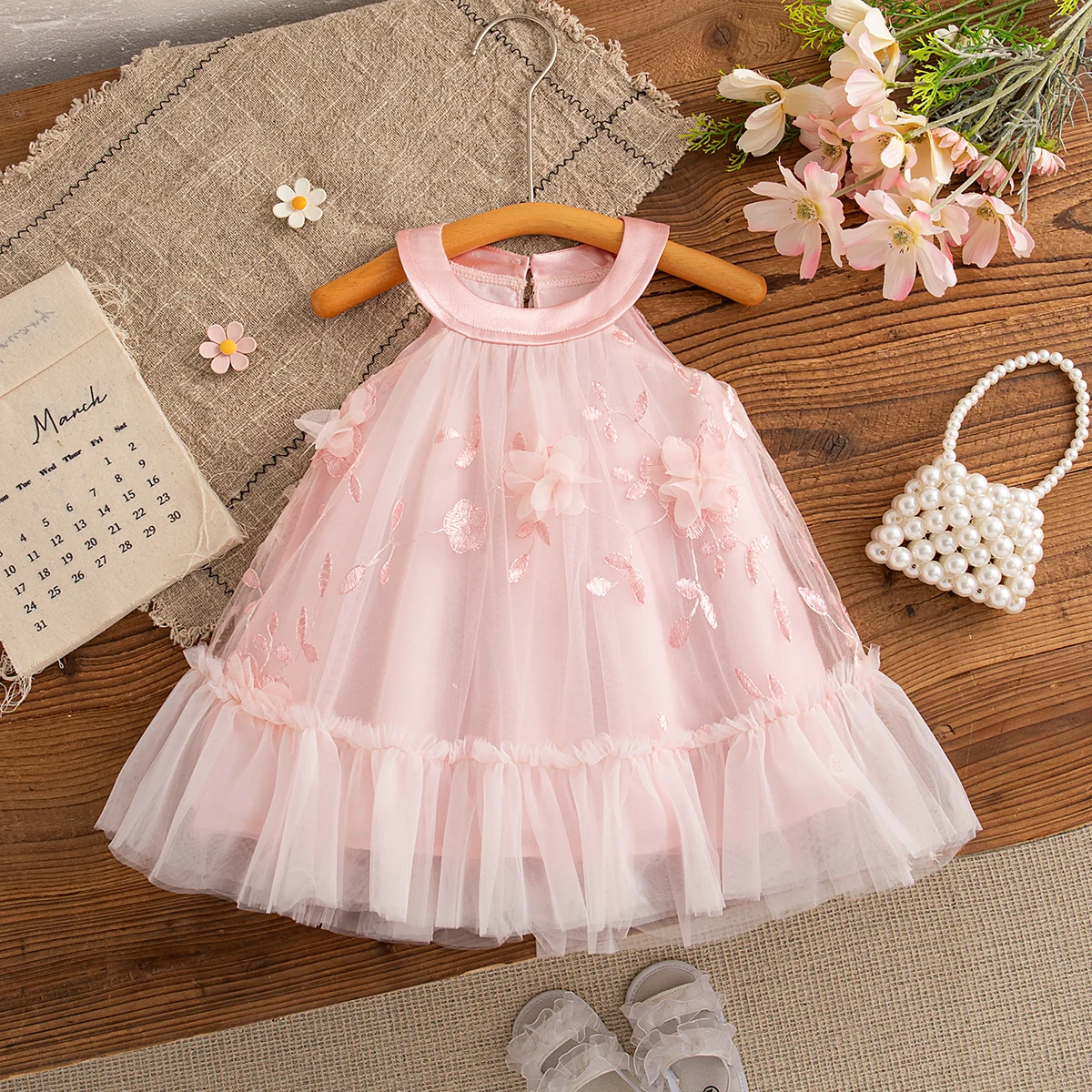 Summer Fashion Sweet Birthday Party Gift or Wedding Baby Girl Dress Korean Style Solid Color Flower Princess Fairy Toddler Dress