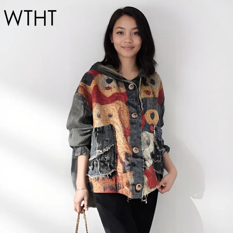 

WTHT Fashion Women Contrast Color Cartoon Print Patchwork Denim Jacket 2025 Autumn Trendy Hooded Long Sleeve Coat Female 1LS2272