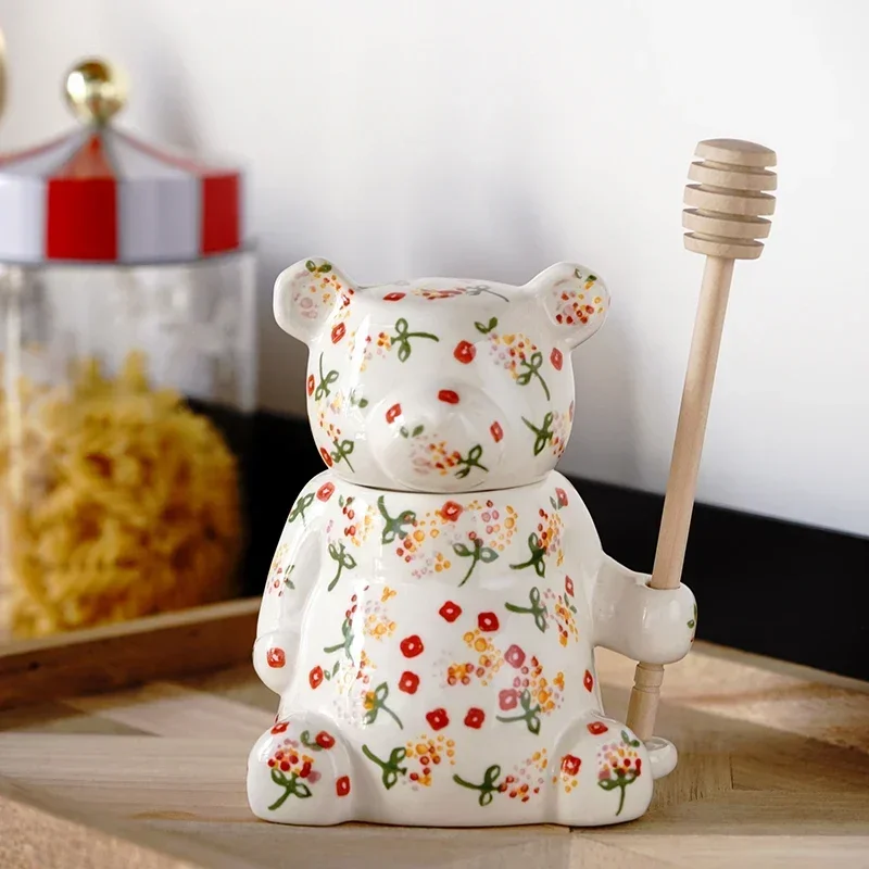 Ceramic Cute Bear Honey Jar with Lid Candy Storage Jar for Kitchen Honey Spoon Tea Storage Box Kitchen Accessory Home Decor