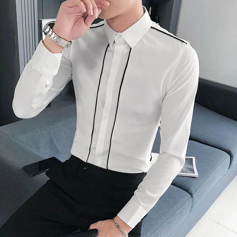 Spring Autumn Oversized Korean Fashion Patchwork Slim Shirt Homme Long Sleeve Casual All-match Bottomed Blouse Male Cardigan Top