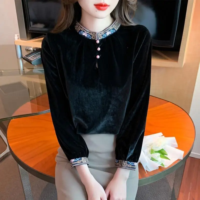 Stand Collar Base Shirt Women\'s Autumn Winter New High-end Velvet Top Anti-aging Beautiful Fashion Stylish Slim Looking Shirt