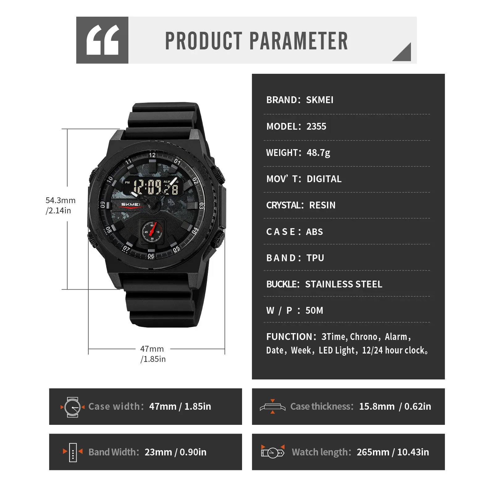 ساعة يد رياضية رقمية دائرية SKMEI 2355 إلكترونية مقاومة للماء للرجال #4