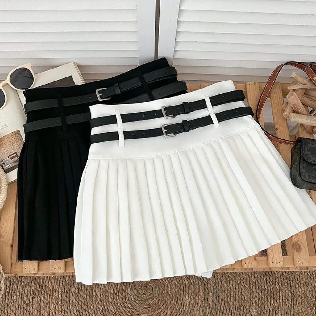 

New Style For Girls In Spring And Autumn, Fashionable Double Waistband Elastic High Waisted Anti Glare Pleated Ski, A-Line