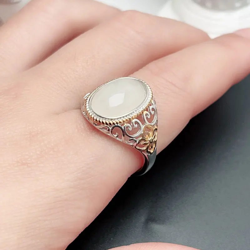 Chinese Style Milk White Jade Ring 10mm*14mm 6ct Natural Jade 925 Silver Ring for Men 18K Gold Plated Silver Men Jewelry