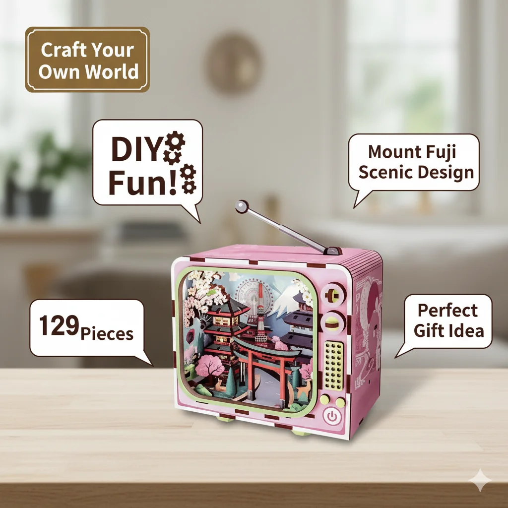 DIY Houten TV Puzzel Model 89PCS Handgemaakte Retro Montage Speelgoed Met Verlichting Architectonisch Ornament Cadeau Voor Volwassenen Kids Decor