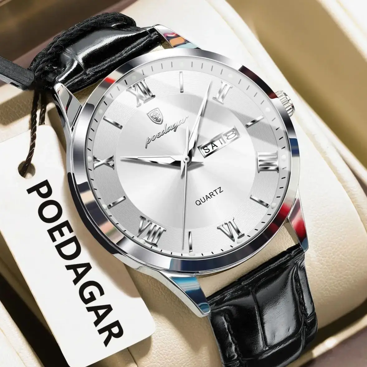 POEDAGAR Trendy Men Watch Leather Date Week Luxury Quartz Man Wristwatch Waterproof Luminous Business Casual Men's Watches Reloj