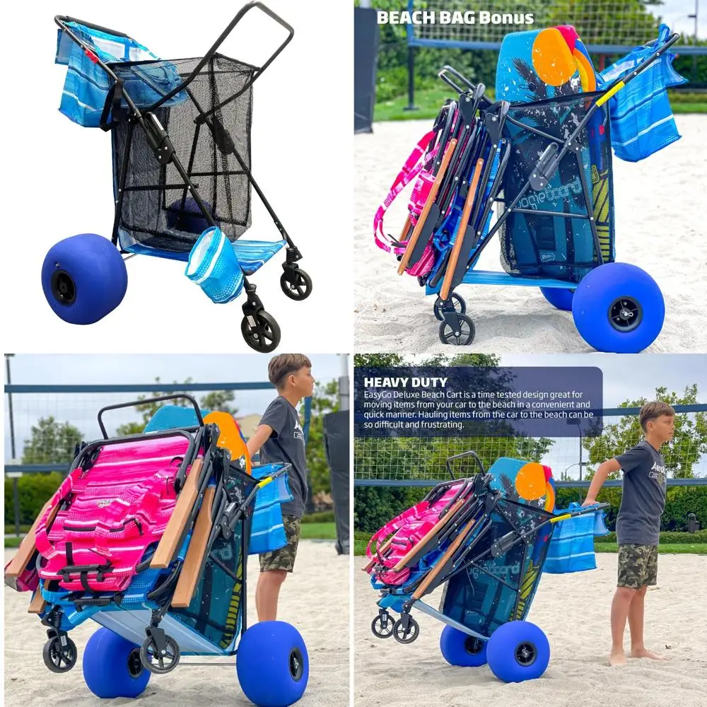 

Сверхмощная складная тележка для песка с колесами 13 x 7 колес, вмещает 4 стула, держатель для зонта, идеально подходит для пляжных и океанских приключений.