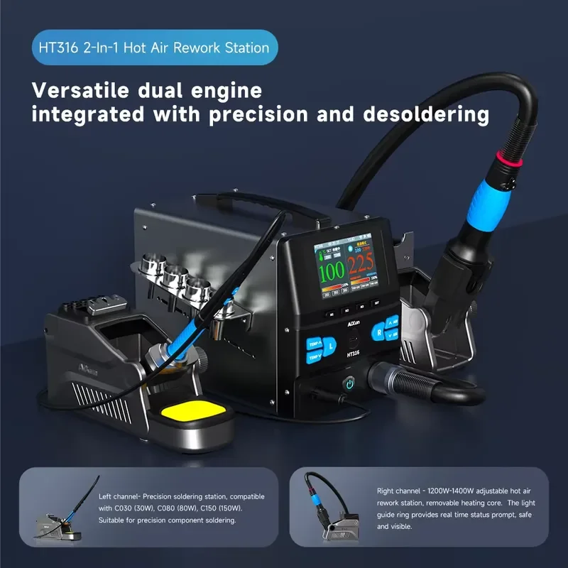 Aixun HT316 Hot Air Rework Station 2 in 1 Dual Channel Soldering Station 1400W 3 Heating Modes for Electronics Repair Tool