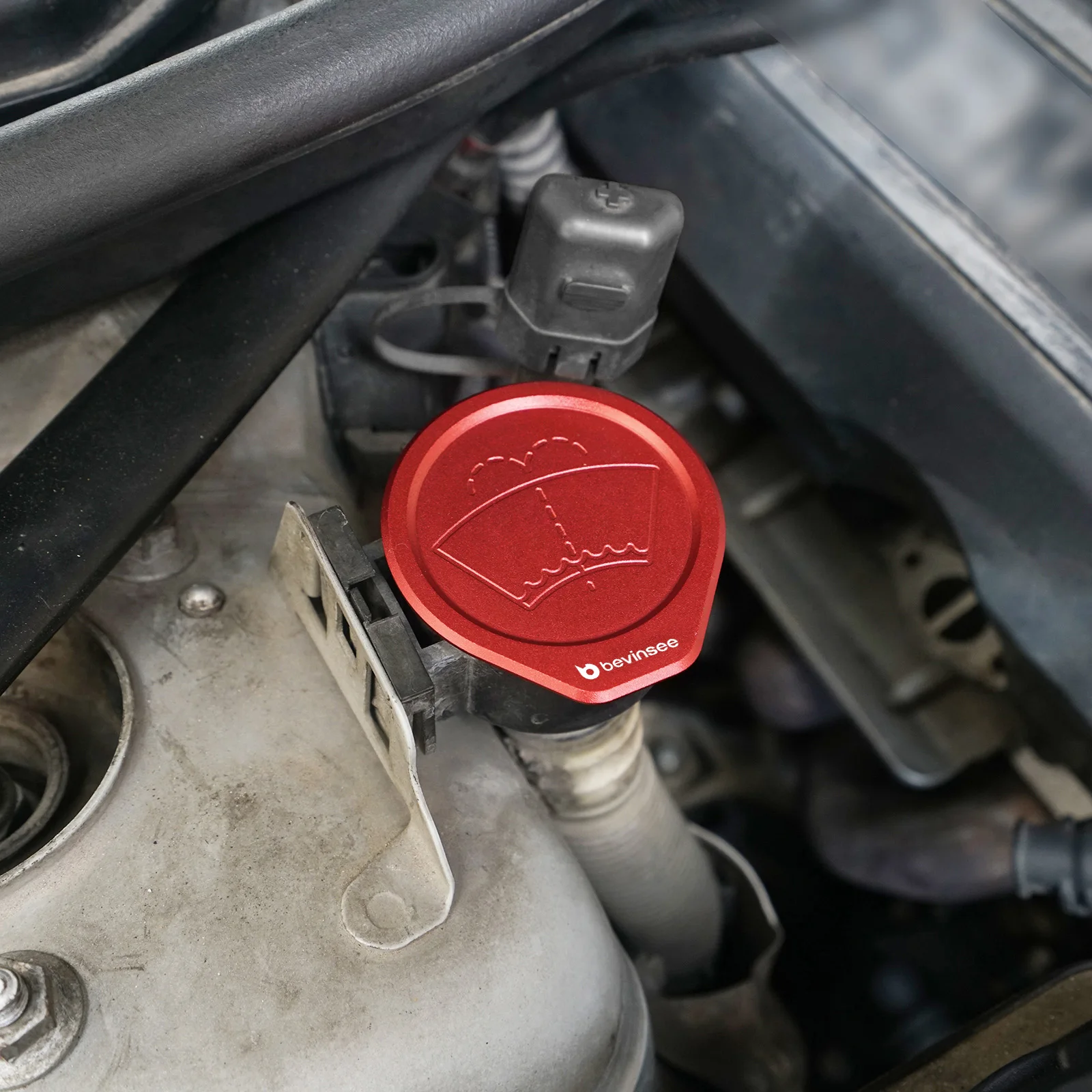 BEVINSEE Aluminium-Scheibenreinigerbehälterdeckel mit O-Ring für BMW E46 320d 330d 320i 323i 325i 330i, Ersatz für 61667007970 – Detail 4
