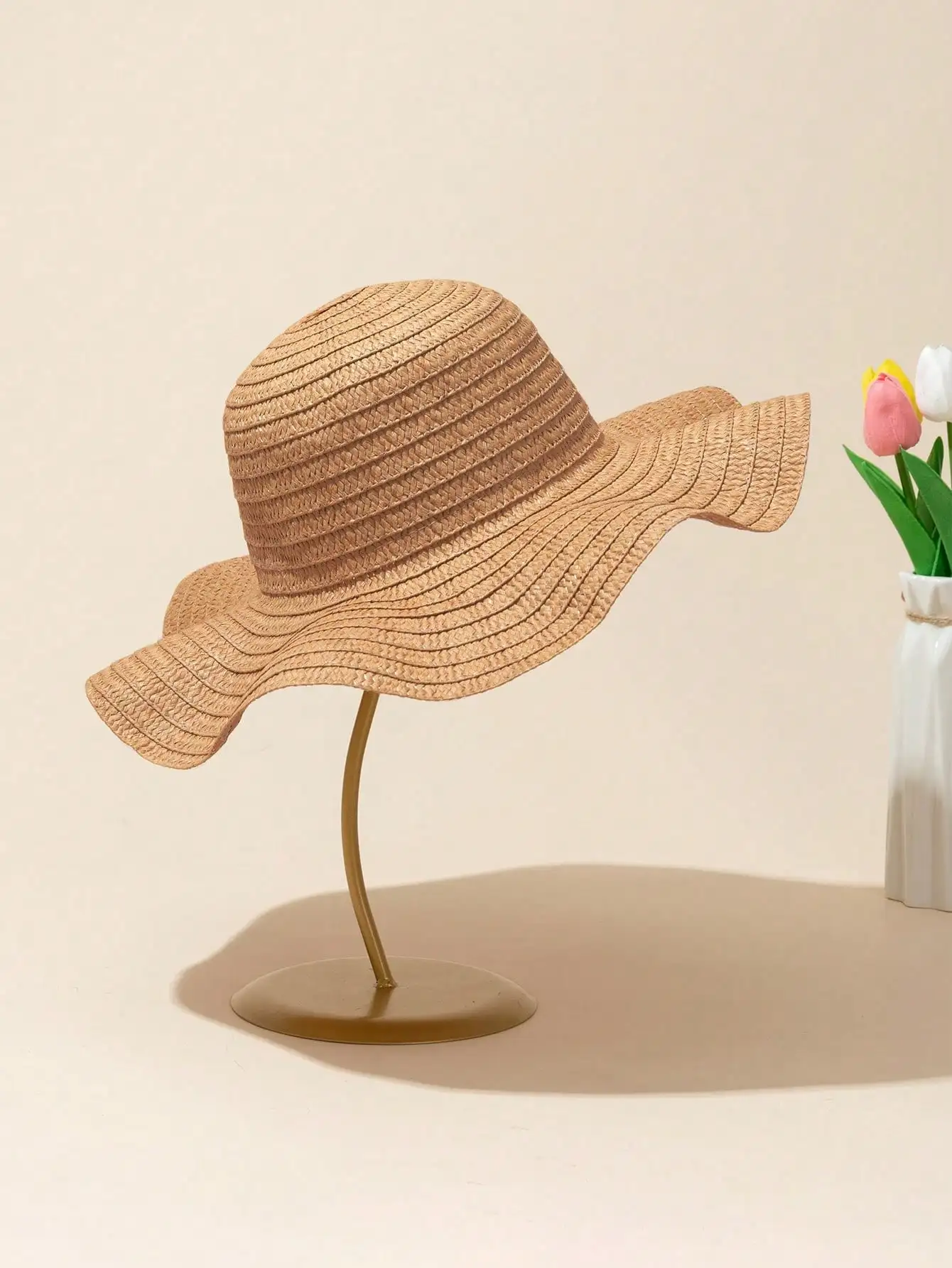 

1pc Women Summer Khaki Striped Bow Decor Straw Sun Hat, Beach Travel Holiday UV Protection
