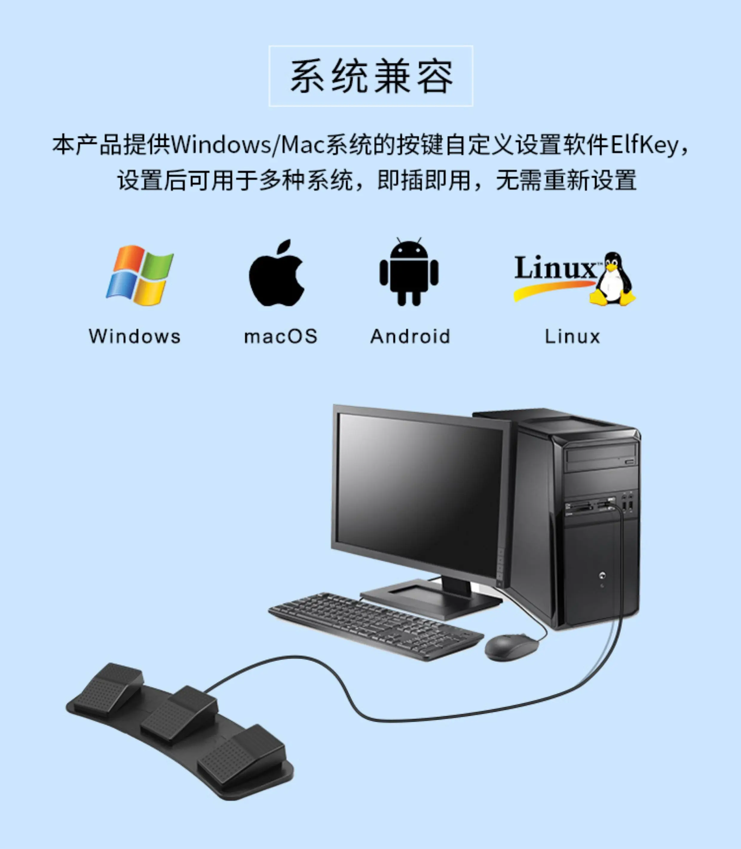 Custom USB Silent Footswitch, PC Game Foot-Activated Keyboard Mouse Binding, Multi-Function Programmable Pedal, Low-Noise Press view 6