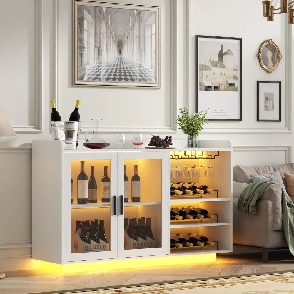 Kabinet Bar Anggur dengan Lampu, Bar Kopi Mengambang dengan Rak Kaca dan Rak Anggur yang Dapat Dilepas, Bufet Prasmanan Modern