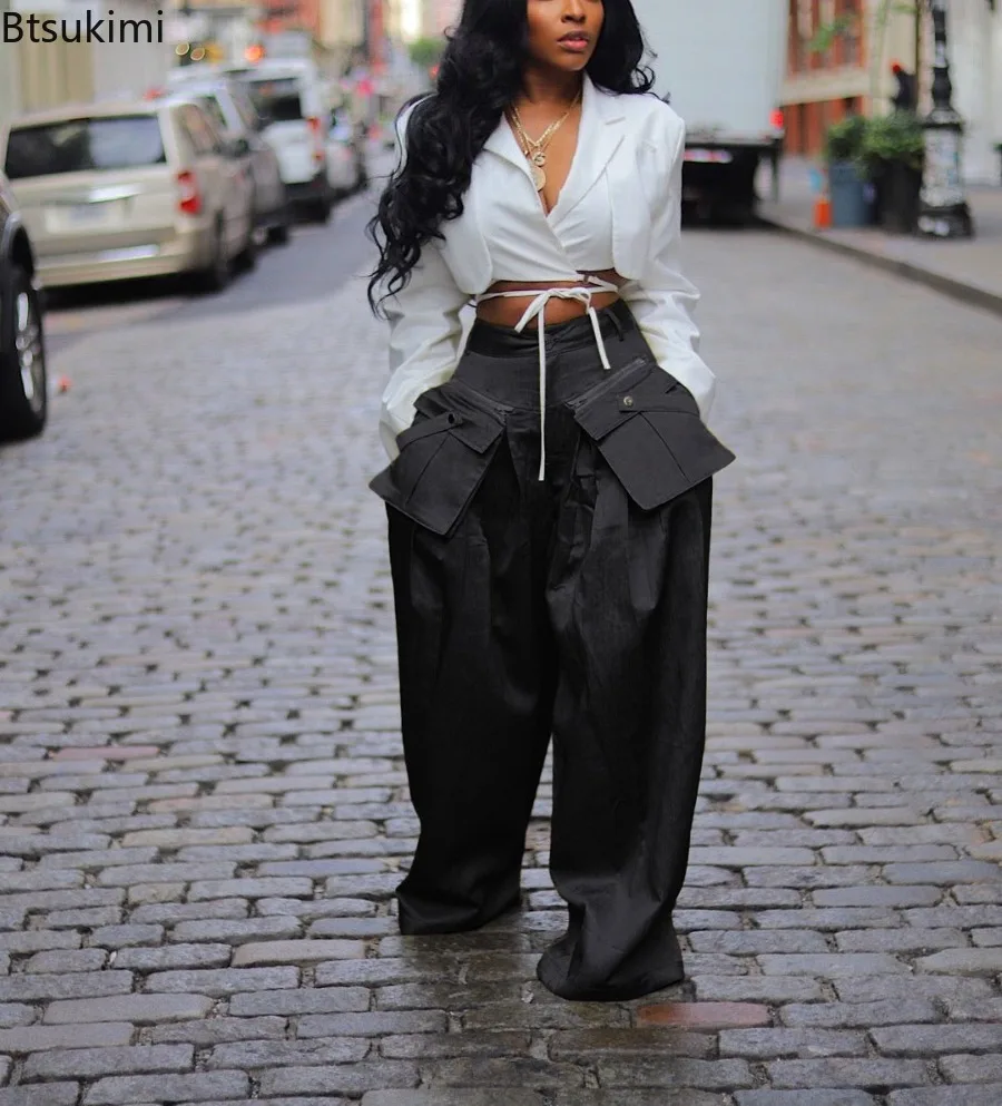 New Solid Multi-pocket Loose Pants Women High Street Wide Leg Pants Straight High-waisted Detachable Pocket Trousers Pantalones