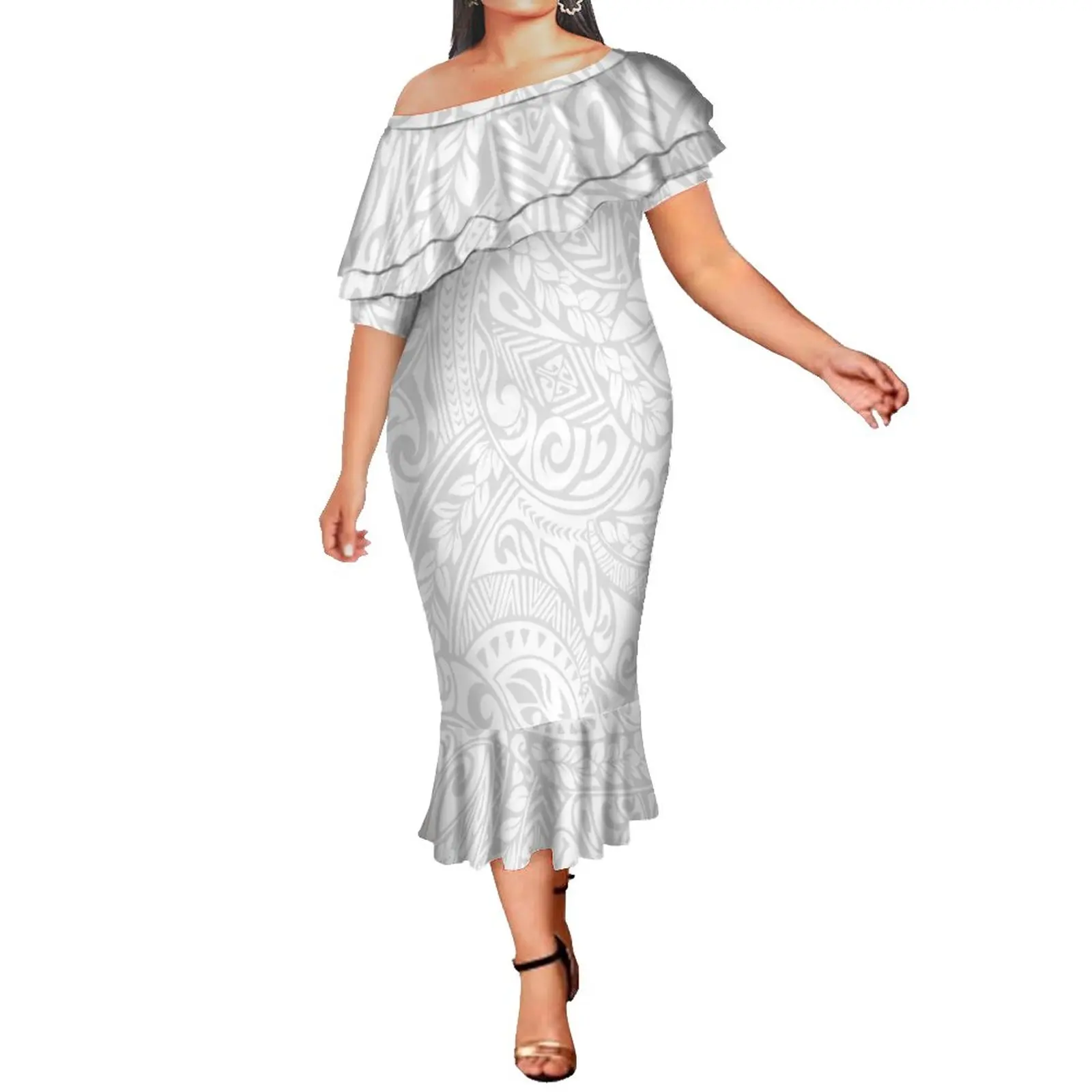 Breathable Customized On Demand Double Shawl Mermaid Dress Polynesian Ethnic Style Milk Silk Fishtail Dresses For White Sunday