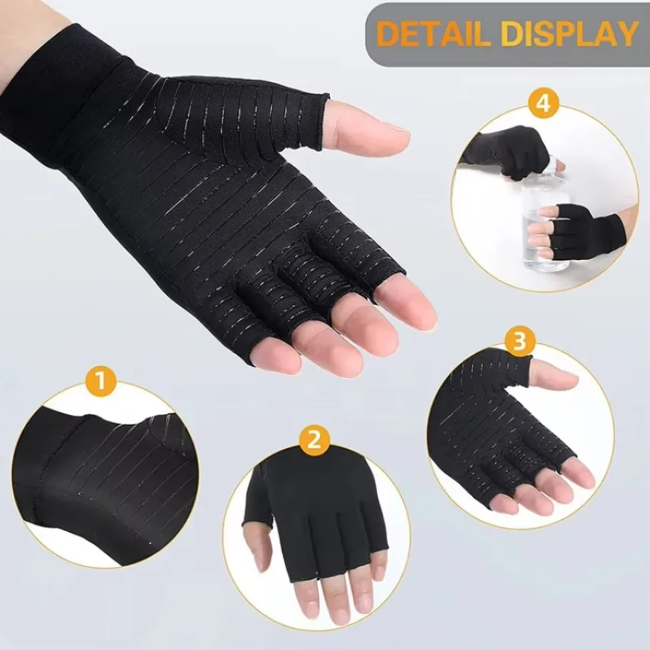 New Compression Gloves Hand Copper Arthritis Gloves Joint Pain Relief Half Finger Anti-slip Therapy Gloves For Womens Mens 1Pair