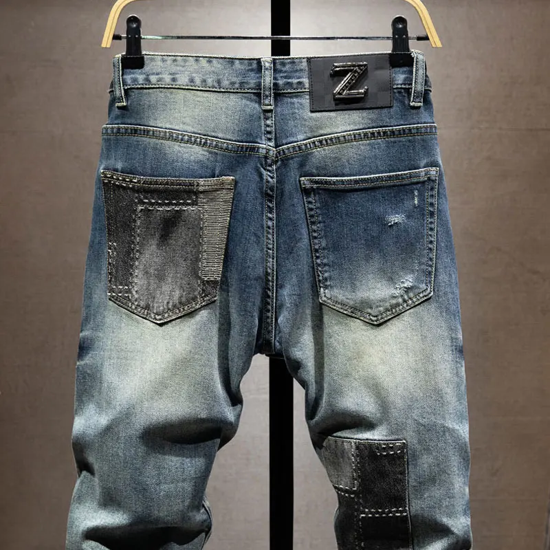 Y2k designer fashion new high-quality men's jeans, scratch washed, nostalgic stretch, slim fit, retro blue jeans, high street hi
