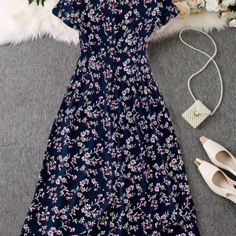 Ele Floral Print Dr Cross-Border New Model 2025 Woven Fabric Princ Sve  Collar Seven Sve Long Dr