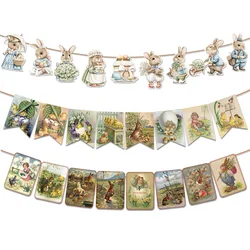 Vintage Easter Hanging Garland Bunting Printed Bunny Chick Egg Paper Banner For Home Easter Party Decorations Spring Ornaments