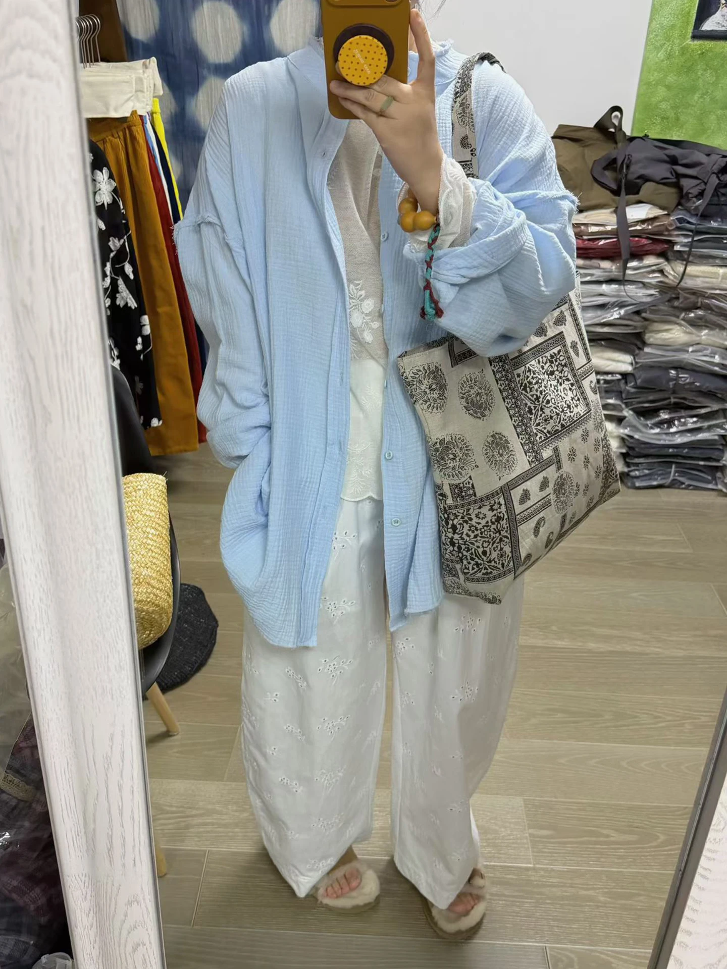 

Spring Summer Vintage Light Blue Pure Cotton irt Hollow out White Flower Pants plus Size Women's Clothing Casual Commute