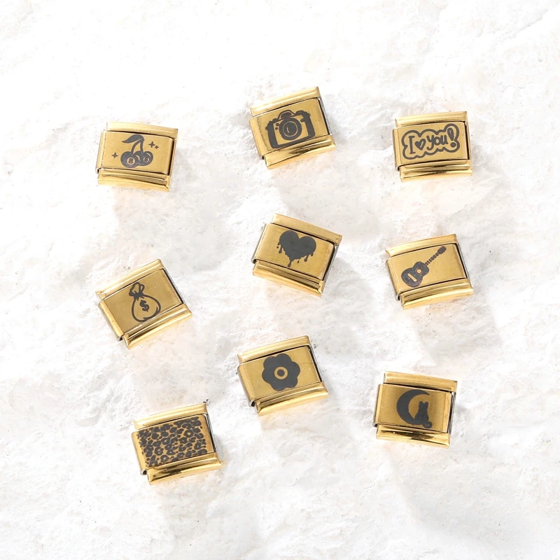 1PC Laser Engraving Heart Cherry Guitar Leopard Gold Color DIY Italian Charm Links Fit 9mm Women Stainless Steel Bracelet
