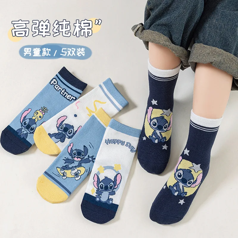 Kaus kaki katun Disney Stitch 5 pasang, baru musim gugur dan musim dingin nyaman hadiah kaus kaki untuk anak-anak