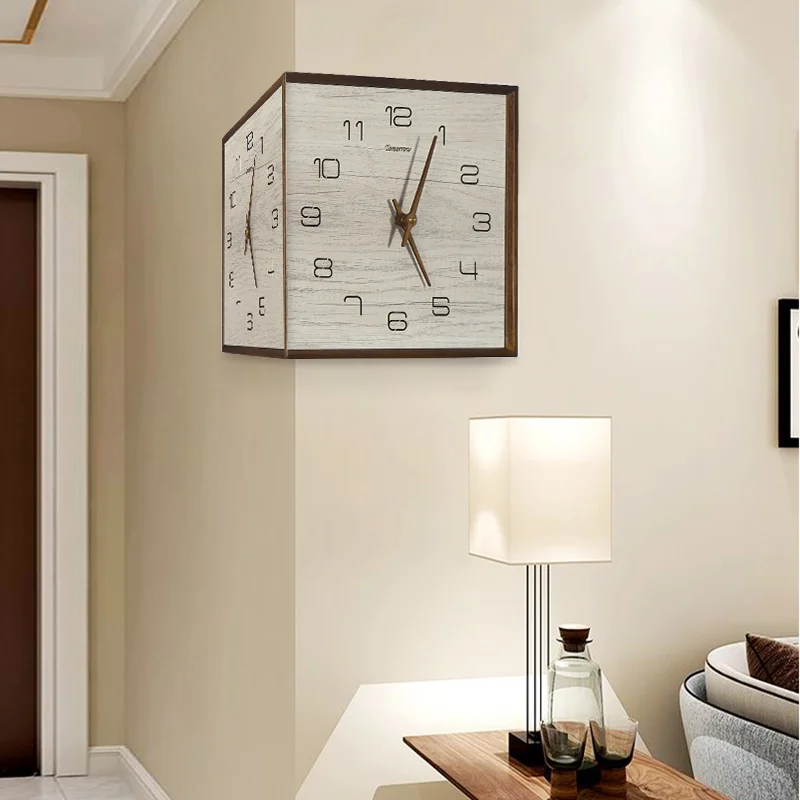 living room, corner clock, household modern, simple, atmospheric, silent, solid wood clock decoration, two sided wall watch