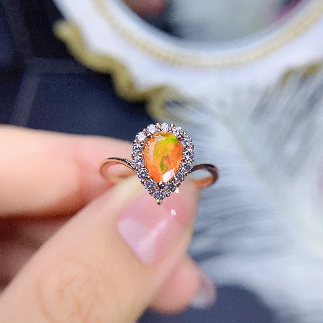 Natural Opal Halo Promise Ring Sterling Silver 925 Engagement October Birthstone Ring Pear 5x7mm Opal Halo Curved Ring - view 3