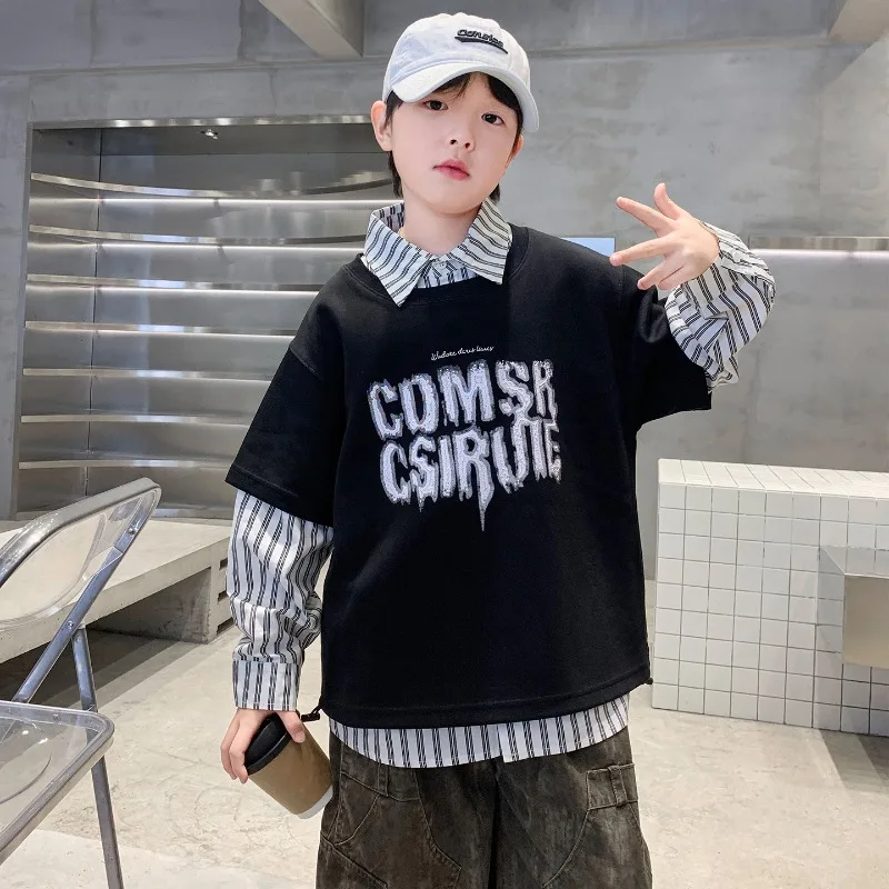 

Children Clothes Cool Boys Spring Autumn Summer Long Sleeve Striped Shirt And Letter Print T-shirt Two Piece Set Street Style