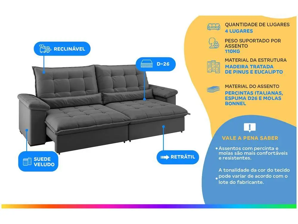 Sofa 4 Seater Retractable Recliner Suede Velvet Strand Emophed Flexforma Upholstered Springs