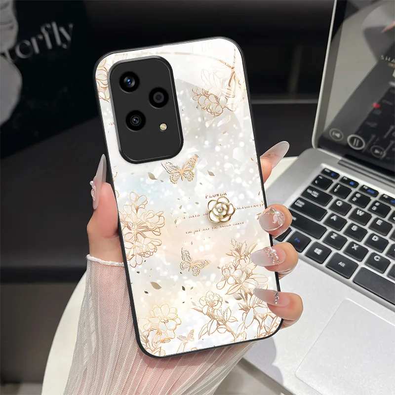 강화유리 하드 폰 케이스 Honor 200 400 Lite 70 90 Pro X50i 고급 나비 꽃 소프트 실리콘 TPU 충격 방지 커버