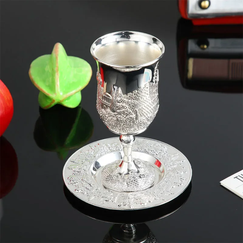 Golden Silver Cup Plated Kiddush Nickel Plated Wine Cup With Saucer Judaica Shabbos Wine Cup Passover For Shabbat Havdalah Gift