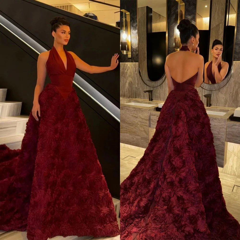 

Customized Temperament Burgundy Jersey Evening Dress Formal Halter Sleeveless Homecoming Dress Luxury Special Occasion