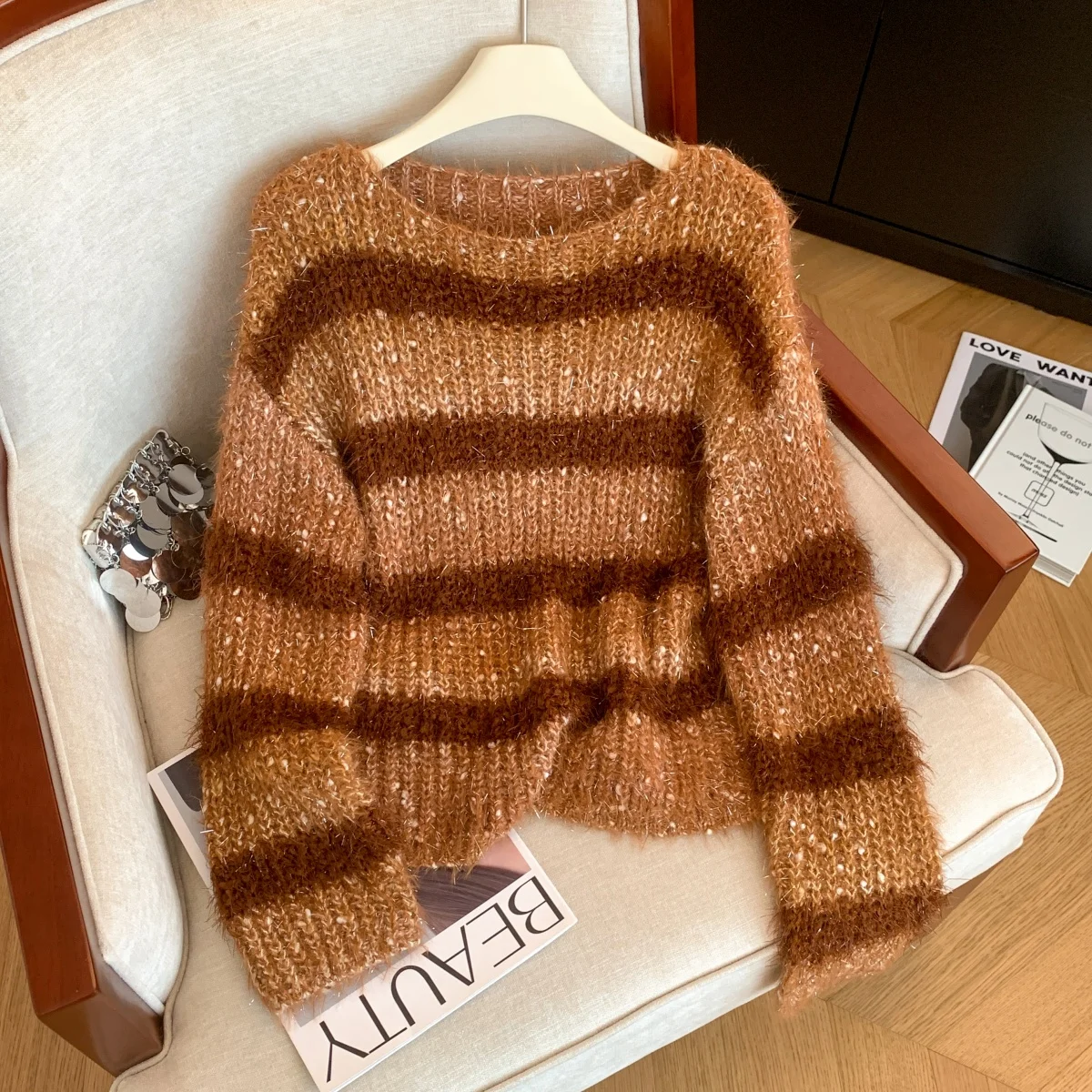 

Женский оранжевый полосатый пуловер с круглым вырезом, винтажный джемпер 2000-х годов, вязаный кашемировый свитер с длинными рукавами для женщин, осень-зима