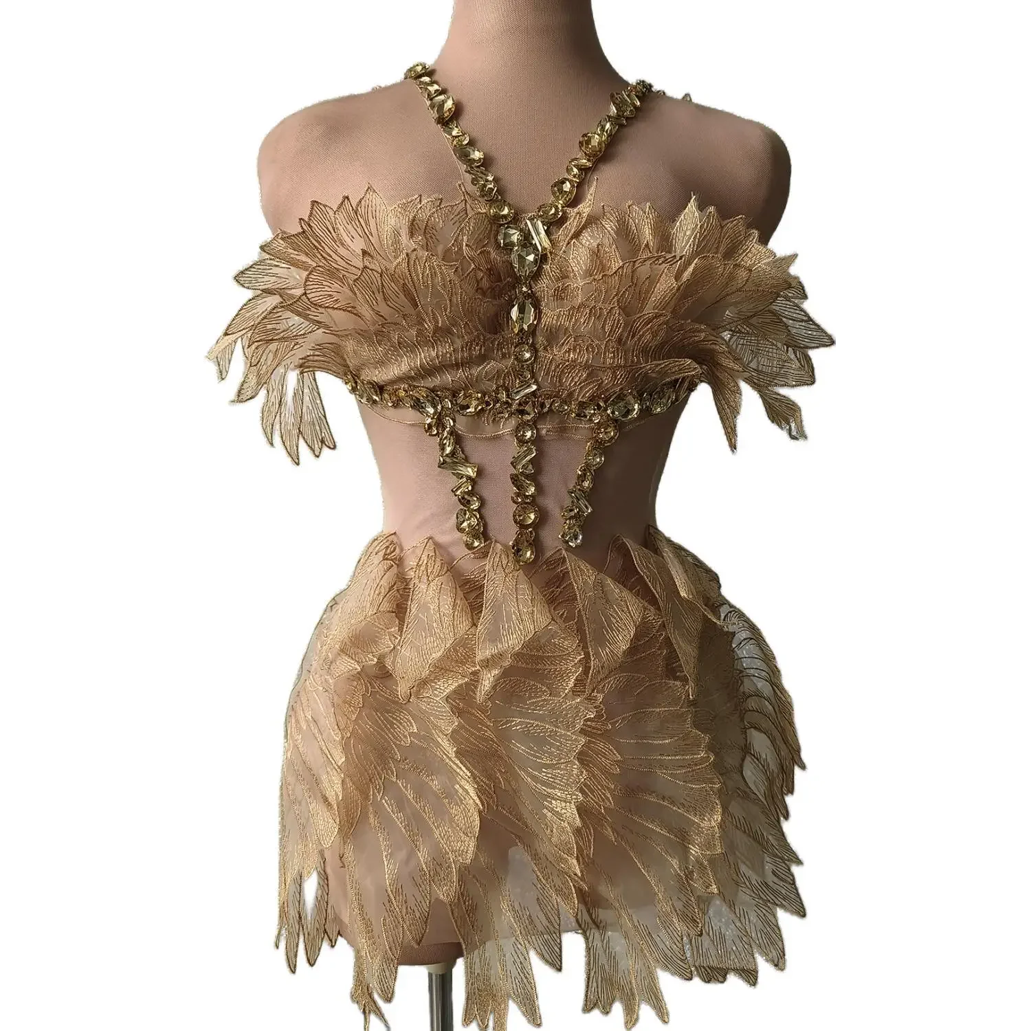 Golden Cicada Wings Dress Shinny Crystal Birthday Party Dresses for Women Stage Performance Costumes Formal Prom Evening Dresses