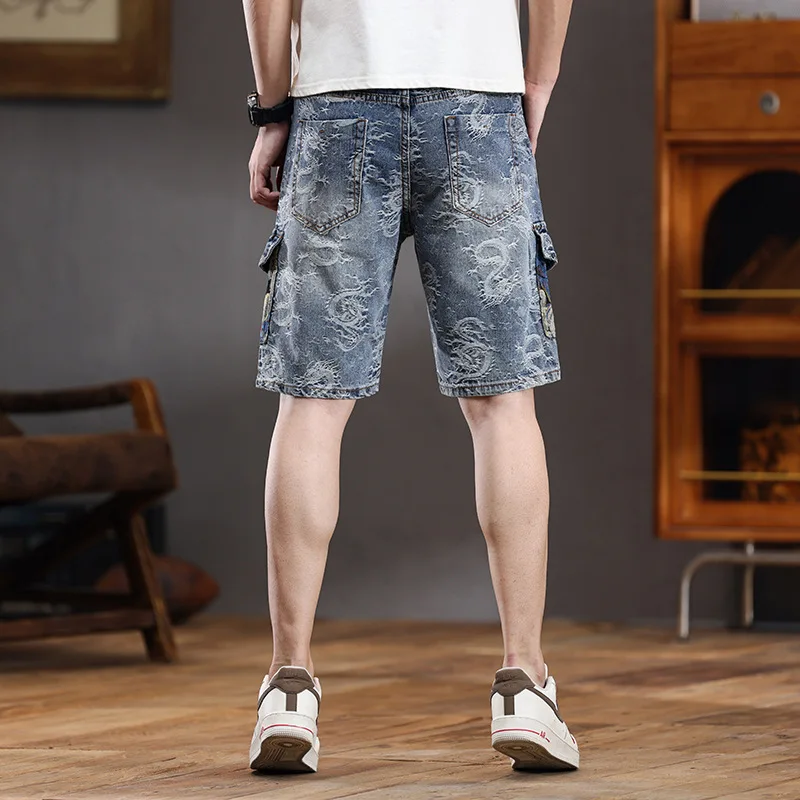 Short en jean pour homme, short de rue multi-poches, imprimé brodé, mode chinoise, tendance droite, été