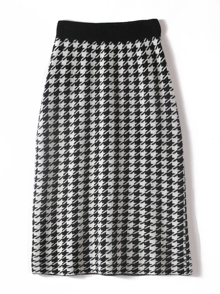 

Autumn Winter 100% Pure Wool Women’s Knitted Straight Skirt Mid-calf High Waisted Swallow Gird Slimming Intellectual Dress