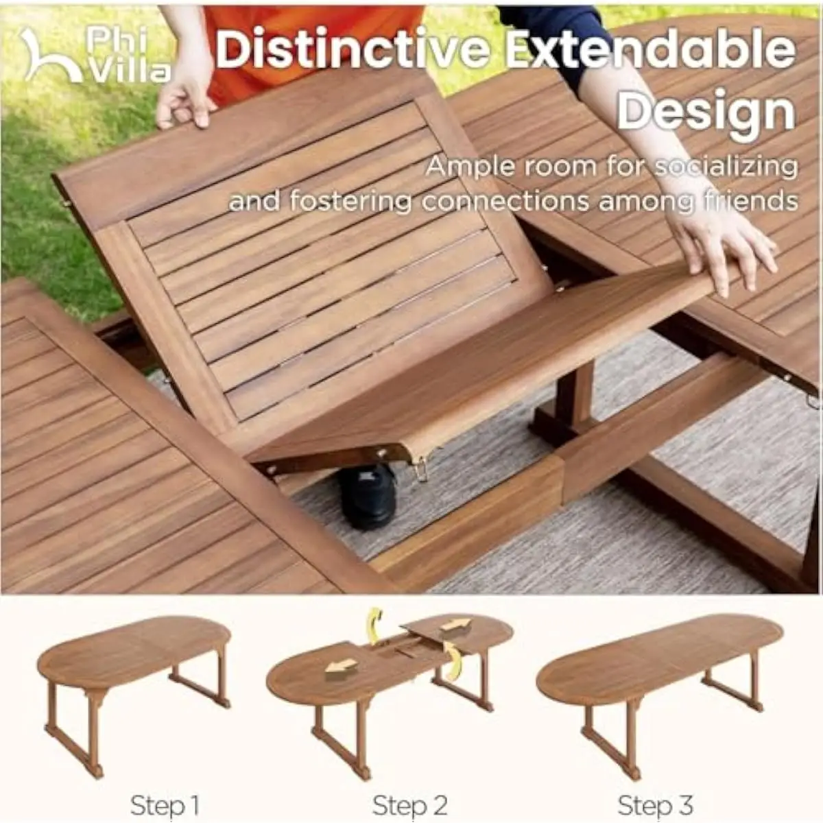 Outdoor dining ensemble for eight persons featuring extendable acacia wood rectangular table with rustic charm and weather-resis