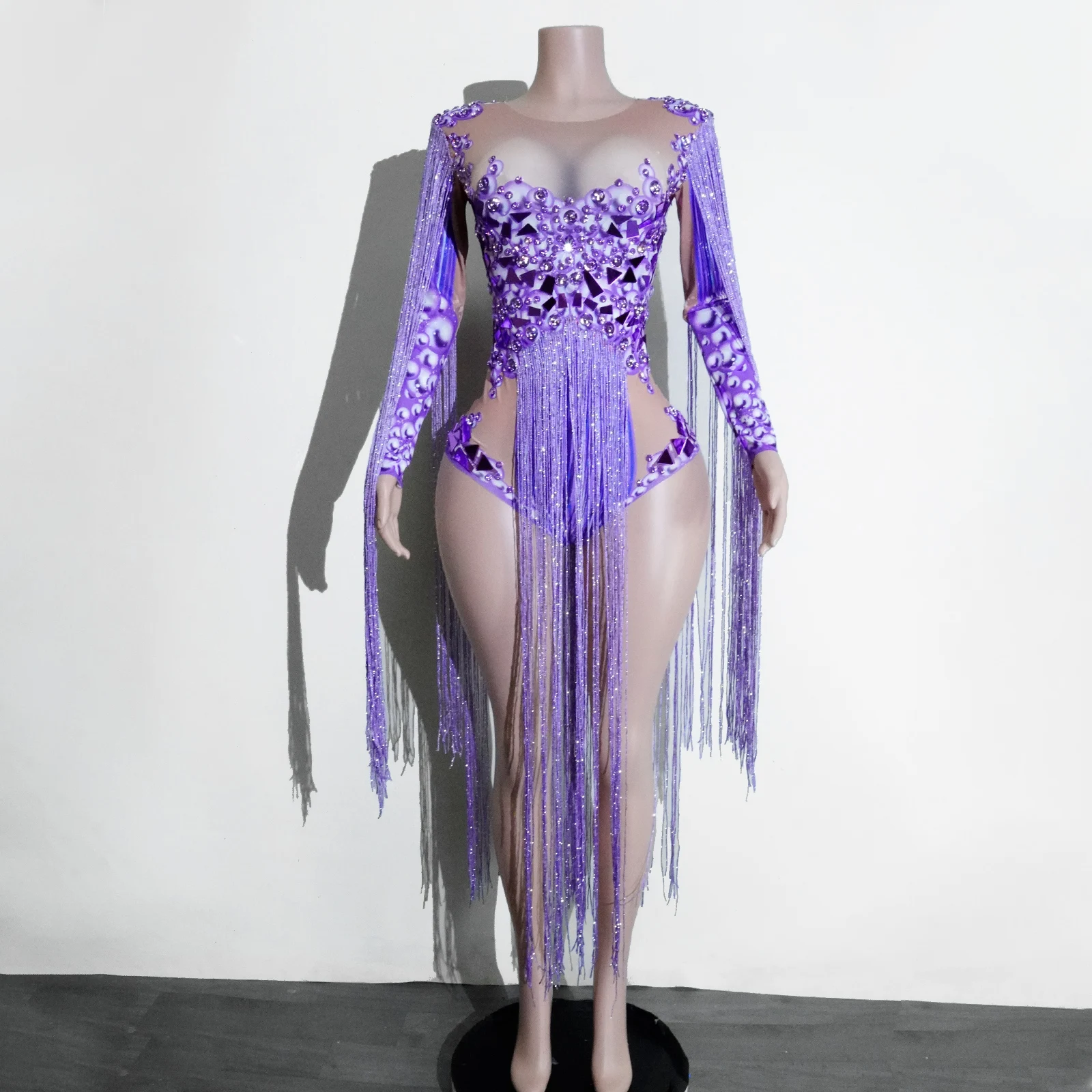 

Sparkling Purple Rhinestone Fringed Print Leotard Bodysuit Birthday Party Dance Costume Singer Drag Queen Performance Outfit